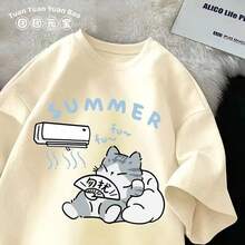 M-8XL de verano para hombre, camiseta de gran tamaño, estilo coreano informal holgado, camiseta con estampado de abanico de gatito, adecuada tanto para hombres y mujeres - Negro - Ver 3