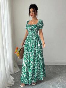 Nuevo Vestido Largo Elegante de Mujer con Mangas de Globo de Estampado Digital, Nudo Delantero, Recorte Trasero en la Cintura, Favorecedory Encantador para Vacaciones y Citas Nocturnas - Verde - Ver 5