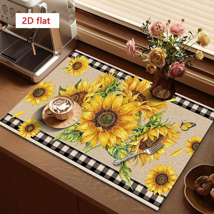 1pc Sunflower & Plaid Pattern Dish Drying Mat, Natural Farmhouse Style Absorbent Draining Pad, Suitable For Dining Table And Cafe, Multipurpose Drainage Mat, Home Gift, Desktop Decor