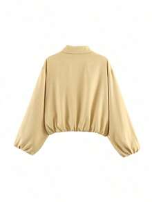 Chaqueta con bolsillo con cremallera de lunares rosas para mujer - Abrigo casual suelto con solapa para primavera/otoño - Amarillo - Ver 9