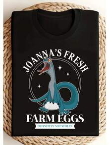 1 Piece Of Joanna Farm Egg Print Crew Neck T-Shirt, Loose Fit, Available In All Sizes, With A Modern Printed Design, Suitable For Casual Activities And Everyday Wear, Available In Black, White, Red, Grey, Green, Sand, Navy And Pink, 180g 100% Cotton. - 黑色 - 查看 12