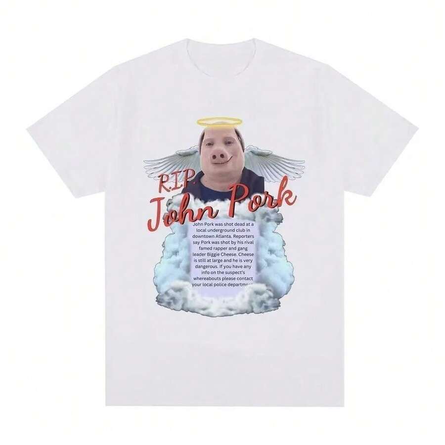 Camiseta Negra con Estampado de Cabeza de Cerdo Divertida, Corte Holgado para Verano, Top de Manga Corta Versátil y Humorístico, Diseño de Nicho - Blanco - Ver 1