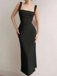 Vestido con tirantes finos y espalda descubierta para el Día de San Valentín, elegante para fiestas de primavera/verano para mujeres - Negro - Ver 5