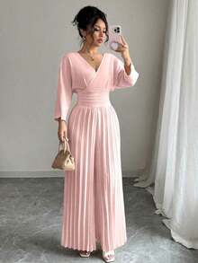 Mono plisado de unicolor para mujer, adecuado para ir al trabajo - Rosa - Ver 5