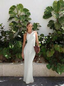 Nuevo vestido de verano de mujer de punto sin mangas, estilo casual de resort de playa, vestido elegante entallado, color blanco sólido, sexy cubreplaya de estilo bohemio para vacaciones - Blanco - Ver 7