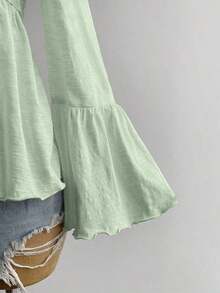 Blusa casual de mujer con mangas acampanadas en color amarillo, estilo bohemio adecuada para Pascua, playa, Hawái, festival de música Coachella, vacaciones tropicales - Verde - Ver 7