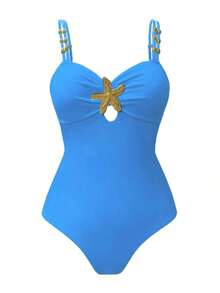 Swim Oasis 1 pieza Traje de baño de una sola pieza casual de vacaciones con decoración de pentágono lindo para mujer - Niebla azul - Ver 3