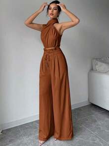 Conjunto de dos piezas para mujer con top de cuello apilado elegante color albaricoque y pantalones de pierna ancha, ropa de maestra, pantalones ligeros y cómodos, conjunto de dos piezas con top sin mangas asimétrico, adecuado para primavera, verano y otoño, conjunto de dos piezas con pantalones holgados, conjunto de dos piezas de diseñador, atuendo para mujeres para conciertos, vestido de noche elegante, adecuado para uso diario, fiestas, temporada de graduación, temporada de bodas, disfraces para actuaciones - Marrón - Ver 5