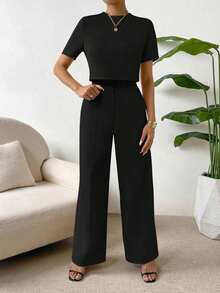 Camisa crop unicolor & Pantalones de pierna ancha - Negro - Ver 7