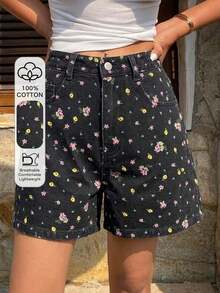 shorts vaqueros informales y sueltos con efecto desgastado para mujer - Negro - Ver 1