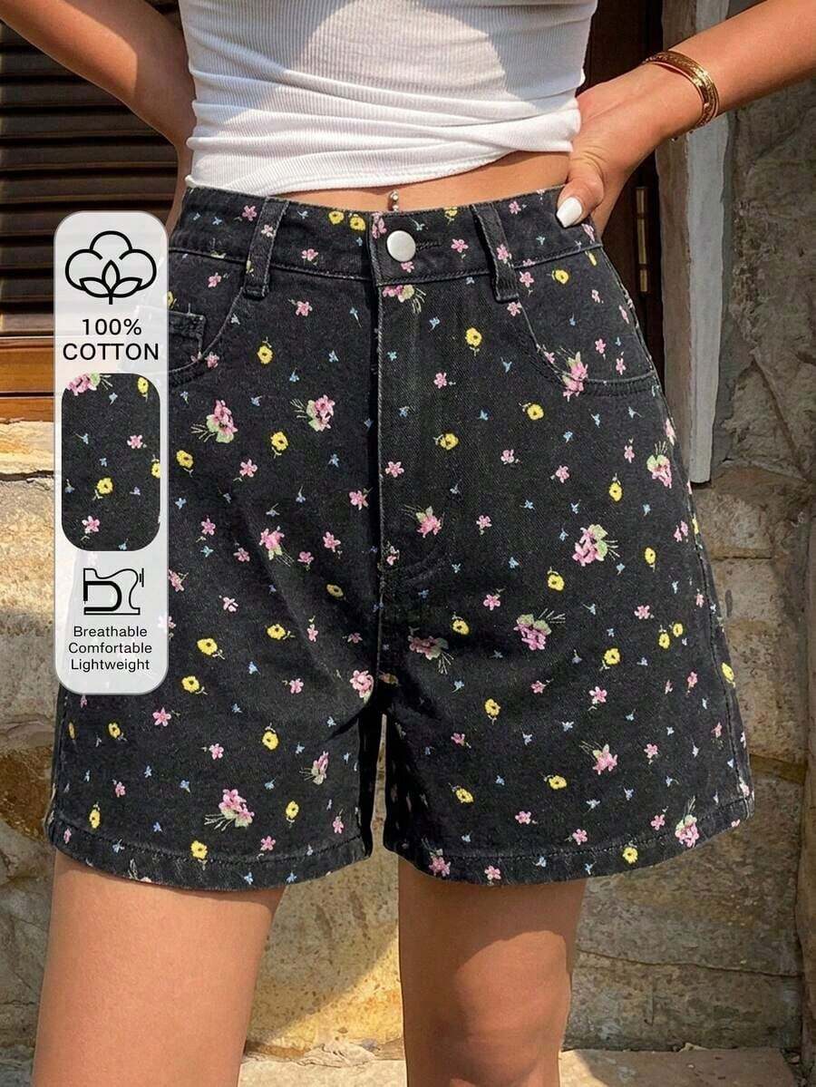 shorts vaqueros informales y sueltos con efecto desgastado para mujer - Negro - Ver 1