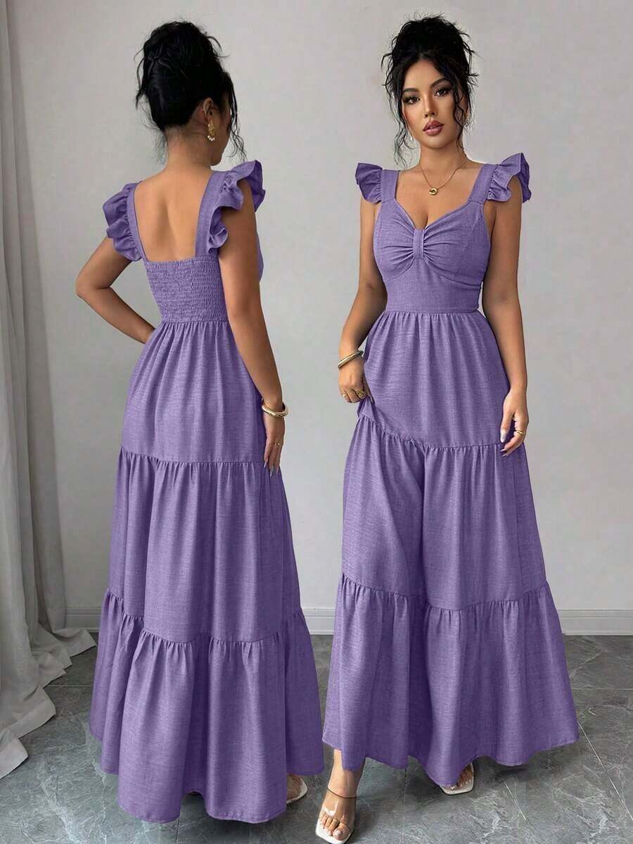 Vestido largo de unicolor para mujer, falda larga estilizante con cintura elástica y parches, elegante y de moda para uso diario en primavera/verano, versátil para cenas y citas - Morado - Ver 1