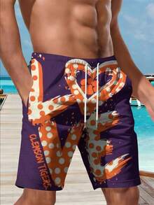 New Men's N-B-A Beach Shorts Purple Orange White Polka Dots Tiger Paw Clemson Tigers Casual Breathable Vacation Sports Shorts - satly - Xem 4
