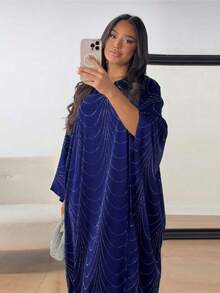 Áo choàng Abaya/Cardigan dáng rộng đính đá lấp lánh thời trang Trung Đông mới nhất mùa Xuân/Hè 2025 dành cho nữ - Xanh đậm - Xem 5