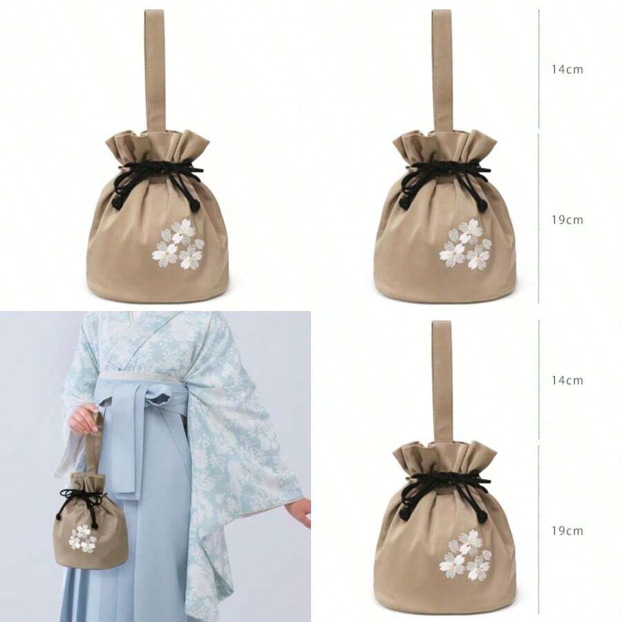 kimono cafe] 袴用巾着 桜刺繍 一本手 袴用バッグ 卒業式 小学生袴 白 エンジ 黄色 モスグリーン くすみカラー - 写真の通り - チェックする 1