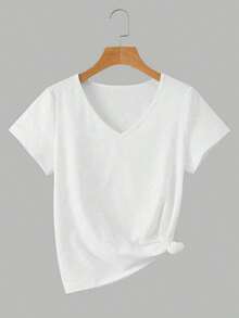 3 piezas Camiseta de mujer de cuello en V de manga corta, tops casuales versátiles clásicos, moda minimalista, adecuada para exteriores, fiestas, estudiantes, maestros, uso diario - Blanco y Negro - Ver 3