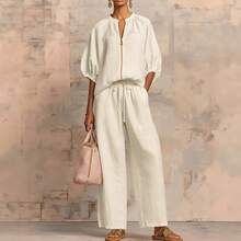 Mujeres conjunto de dos piezas verano nuevo moda  caliente cuello redondo cremallera pantalones anchos de un solo color - Blanco - Ver 1
