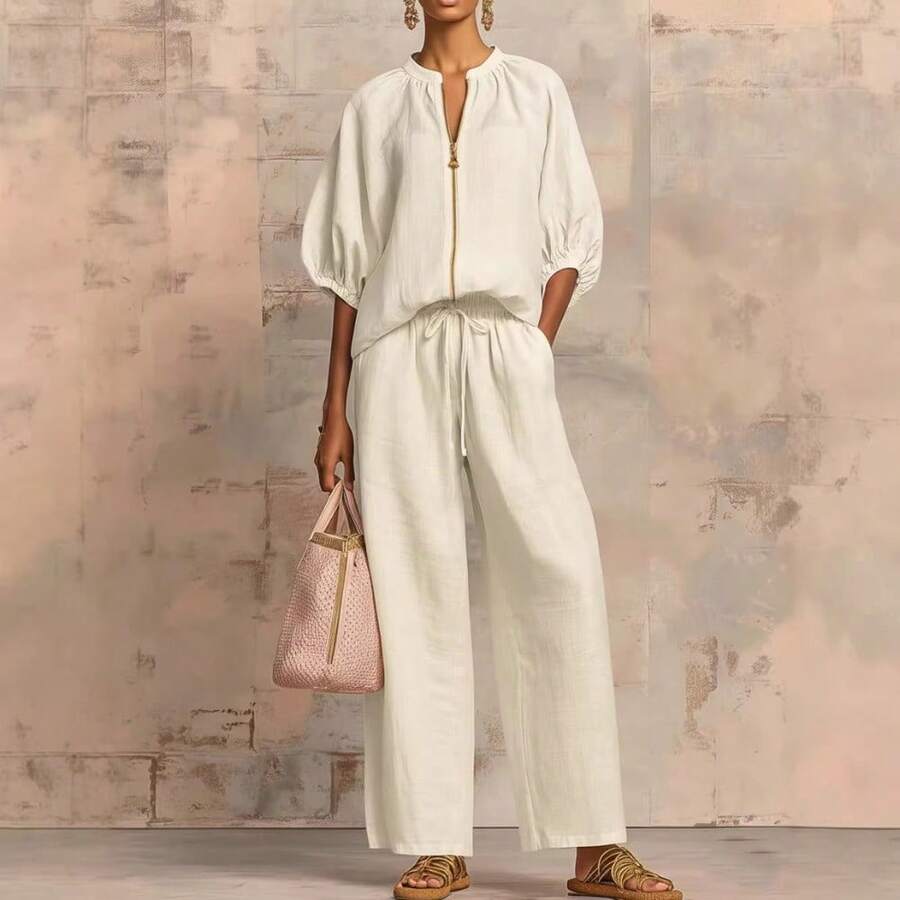 Mujeres conjunto de dos piezas verano nuevo moda caliente cuello redondo cremallera pantalones anchos de un solo color - Blanco - Ver 1