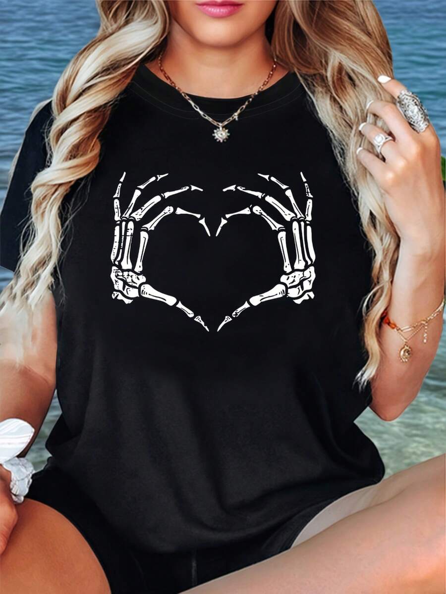 Camiseta de Mujer Manga Corta Cuello Redondo - Estampado de Corazón de Mano con Calavera, Tejido Suave y Cómodo, Ajuste Holgado, Look Casual y Moderno para Primavera y Verano, Talla Grande