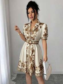 Conjunto de vestido corto de manga corta con cintura ceñida y estampado floral azul y blanco, elegante y romántico para vacaciones, primavera/verano - Multicolor 5 - Ver 6