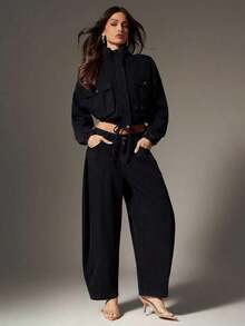 Jeans de pierna de barril lavados, moda de mezclilla para otoño e invierno, conjunto de mezclilla sobre mezclilla - Negro - Ver 4