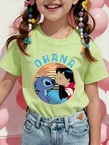Disney Lilo And Stitch Ohana Printed Pattern T-Shirts For Girls - Children's Clothing Design Short-Sleeved Casual And Cute Style Comfortable And Casual Wear All Year Round Suitable For Parties And Play Machine Washable Gift Children's Clothing Girls' Short-Sleeved Shirts - 抹茶綠 - 查看 1