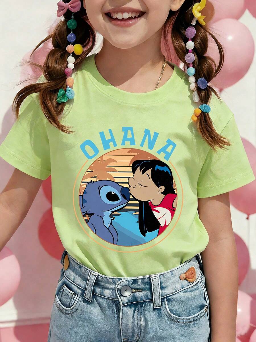 Disney Lilo And Stitch Ohana Printed Pattern T-Shirts For Girls - Children's Clothing Design Short-Sleeved Casual And Cute Style Comfortable And Casual Wear All Year Round Suitable For Parties And Play Machine Washable Gift Children's Clothing Girls' Short-Sleeved Shirts - 抹茶綠 - 查看 1