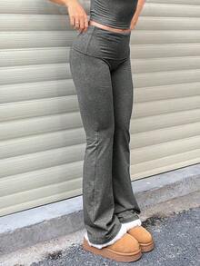 Pantalones Casuales de Mujer de Color Sólido, Cintura Ancha, Corte Ajustado, Plisados, para Primavera - Gris Oscuro - Ver 4