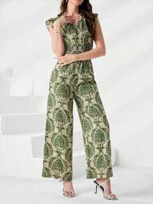 Conjunto de 2 piezas con parte superior con volantes y estampado de plantas en toda la superficie, y pantalones de pierna ancha - Verde militar - Ver 4