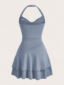 Vestido Rojo De Punto Sin Mangas Con Cuello Halter Y Doble Capa, Ajustado Para Mujer - Niebla azul - Ver 2