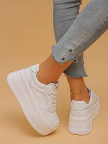 Women's Platform Wedge Sneakers, Color Block Patchwork, Casual Lace-Up Sporty Style, Suitable For Spring And Autumn Wear - White - View 5