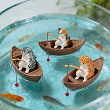 2件套创意水族箱微景观装饰，可爱猫咪钓鱼船摆件，高品质树脂耐用鱼缸装饰，海洋主题微景观装饰，逼真细节水族箱种植配件 | 节日礼物 | 钓鱼爱好者礼物，浴缸景观装饰 - 小貓釣魚擺飾 - 查看 1