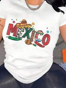 Camiseta mexicana estampada LDA con cuello redondo de manga corta las mujeres casuales aumentan el tamaño - Blanco - Ver 6