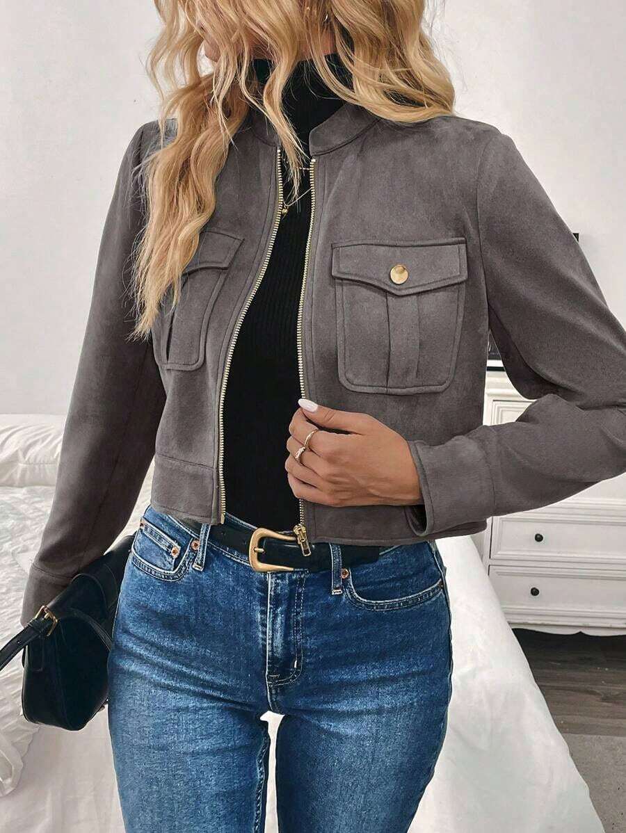 Chaqueta corta de carga de mujer con botones metálicos decorados, cálida y gruesa, adecuada para otoño/invierno - Gris - Ver 1
