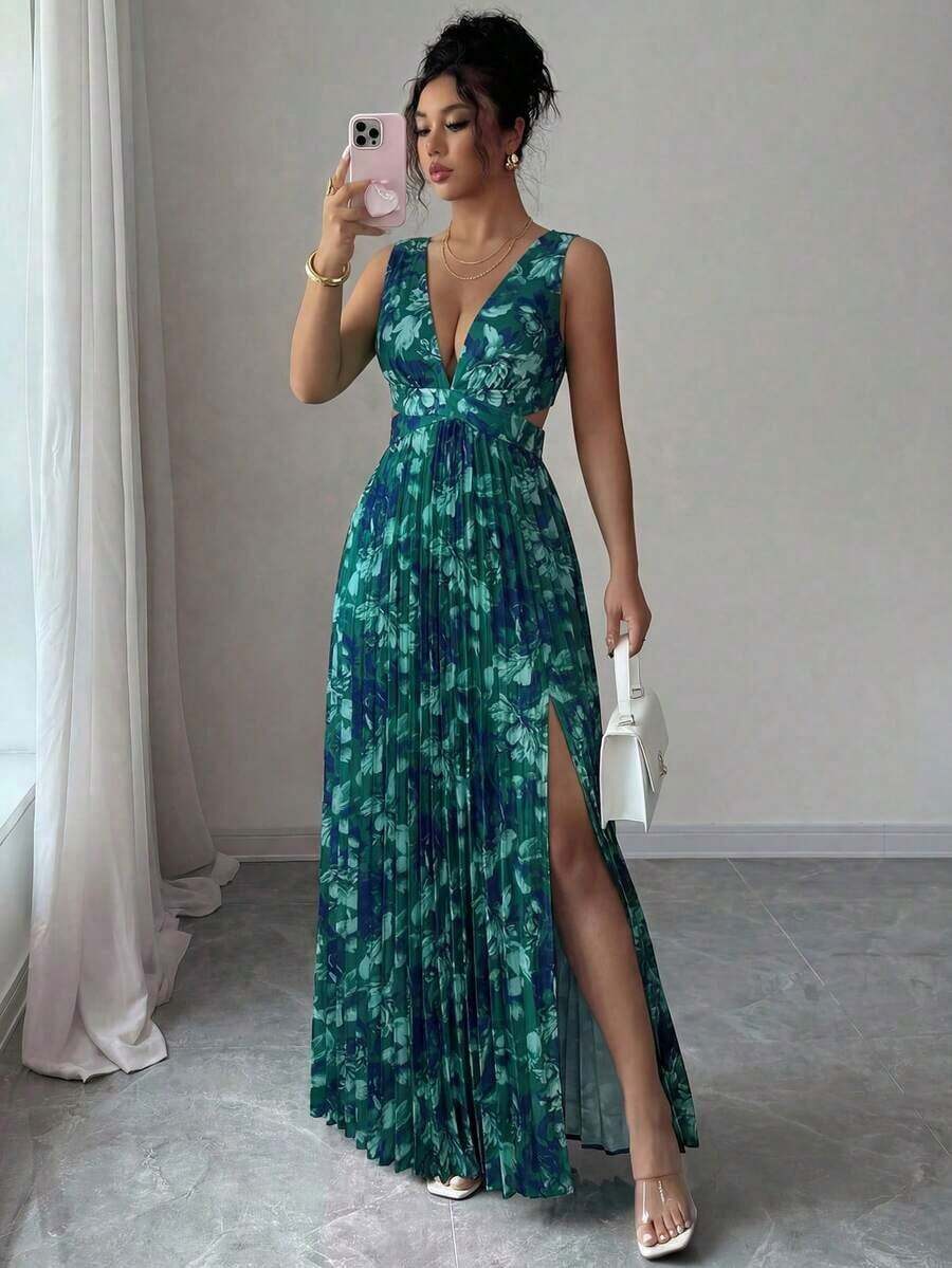 Vestido elegante y romántico para mujer con escote en V sin mangas, cintura hueca, plisado en línea A y estampado floral - Multicolor - Ver 1