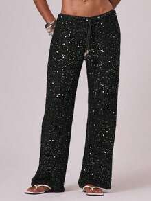 Resort - Pantalones de Ganchillo de Pierna Ancha con Lentejuelas para Mujer, Estilo Boho Ibiza, Elegantes para Vacaciones de Verano en la Playa - Negro - Ver 12