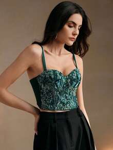 Top de camisola elegante bordada con cuentas para mujer - Verde Oscuro - Ver 3