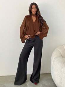 Blusa de mujer bohemia, romántica y elegante con cuello en V profundo, manga larga y lazo, para uso diario.Blusa elegante para mujer, ideal para primavera, el Día de San Valentín y salidas, en color blanco. - Marrón - Ver 3