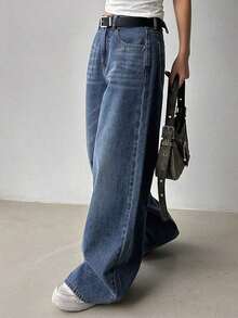 Jeans casuales de mujer de pierna ancha, unicolor, con bolsillo cargo suelto - Azul lavado medio - Ver 6