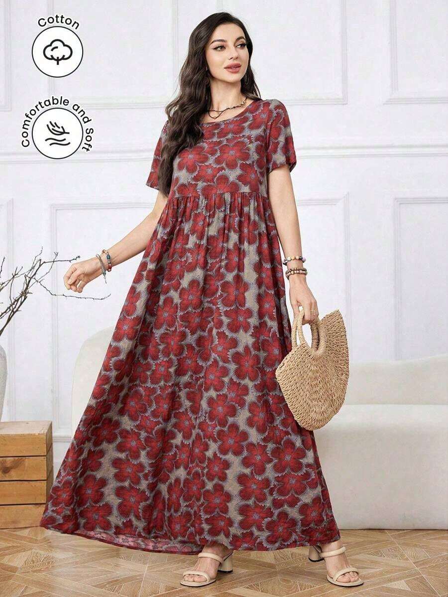 Lacomfia Vestido largo de mujer de manga corta, cuello redondo, estampado floral, holgado, de uso casual para primavera/verano - Multicolor - Ver 1