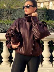Chaqueta de cuero sintético vintage de motocicleta para mujer 2026, con cuello alto, cremallera y parches, corte holgado para invierno - Burdeos - Ver 9