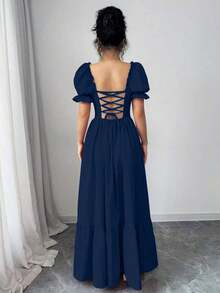 Vestido de mujer con cuello cuadrado, mangas abullonadas, nudo delantero, espalda descubierta y cintura ceñida - Azul marino - Ver 7
