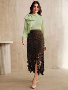 Blusa elegante y chic de cuello alto, manga larga y puños con lazo para uso diario - verde menta - Ver 5