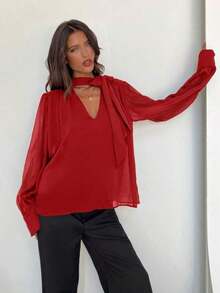 Blusa de mujer bohemia, romántica y elegante con cuello en V profundo, manga larga y lazo, para uso diario.Blusa elegante para mujer, ideal para primavera, el Día de San Valentín y salidas, en color blanco. - Rojo - Ver 7