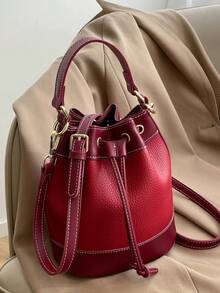 Women's Bucket Bag, Casual Straw Drawstring Crossbody Shoulder Bag - Black and White - View 5