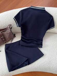 de 2 piezas de camiseta con cuello y fruncido casual y falda A-line bordada, azul marino, para primavera y verano - Azul marino - Ver 2