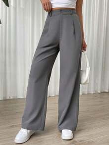Pantalones rectos de cintura alta de color liso informal - Negro - Ver 10