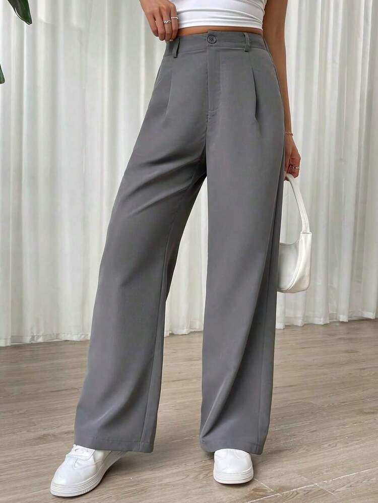 Casual High-Waisted Straight-Leg Trousers In A Solid Color - 黑色 - 查看 10