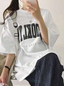Oversized Urban Style T-Shirt With Graphic Letter Print And Dropped Shoulders - White - View 3
