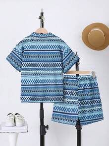 Purechapter Conjunto de camisa polo de manga curta e shorts com patchwork colorido para meninos pré-adolescentes, ideal para as férias de verão. - Azul - Ver 2